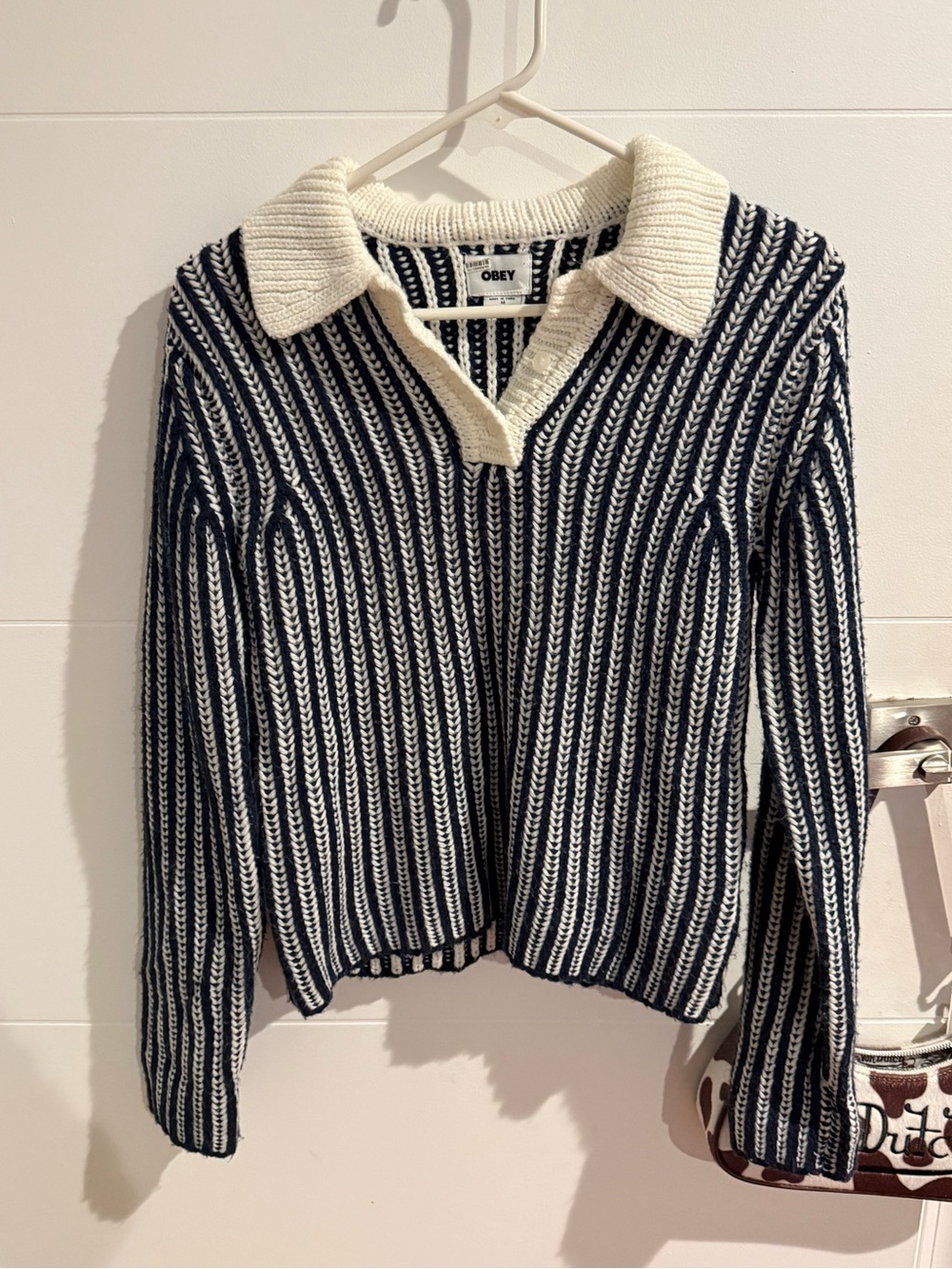 Obey Women's Navy and Cream Striped V-Neck Polo Sweater